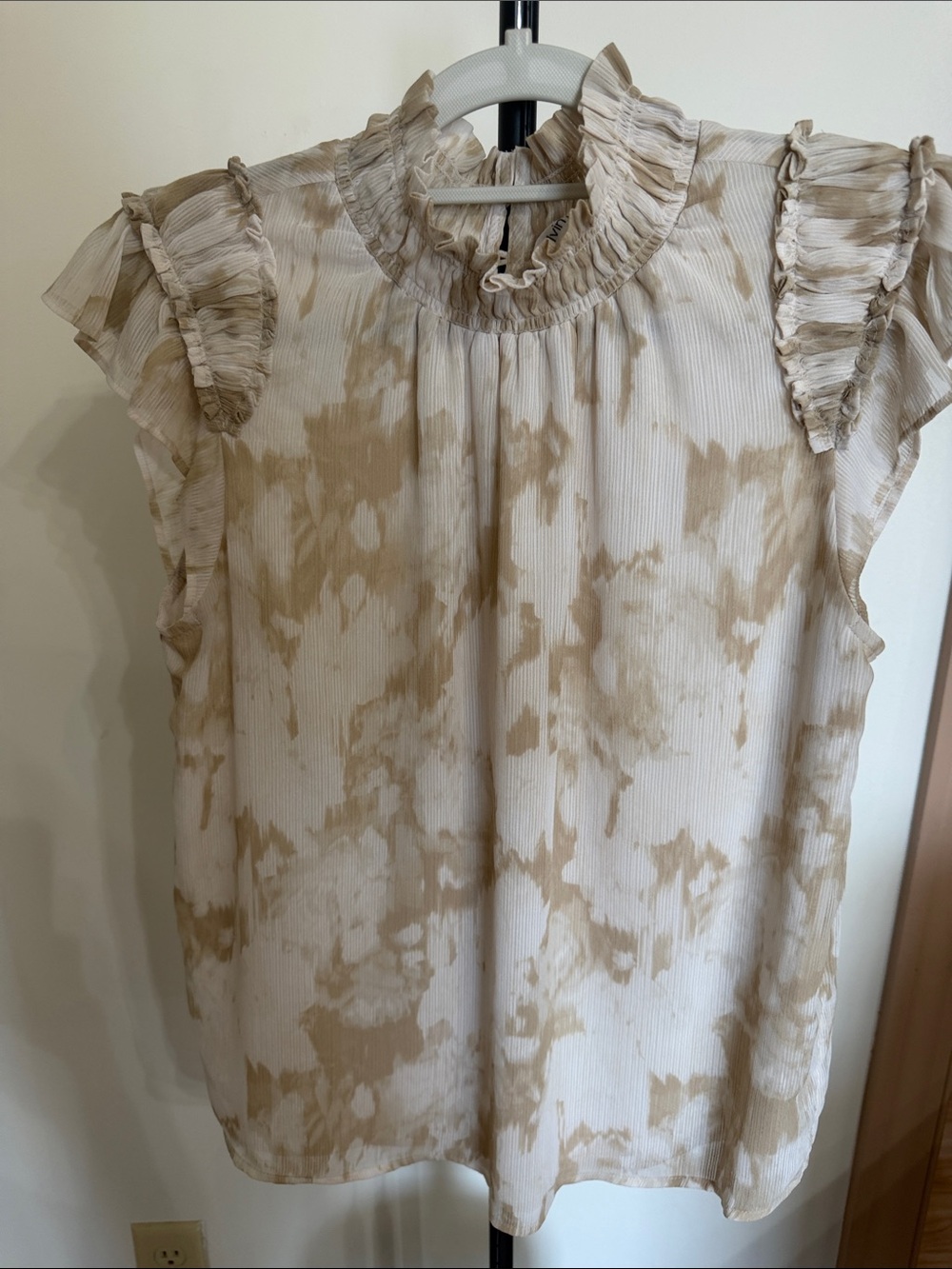Calvin Klein Cream and Beige Ruffled Mock Neck Blouse